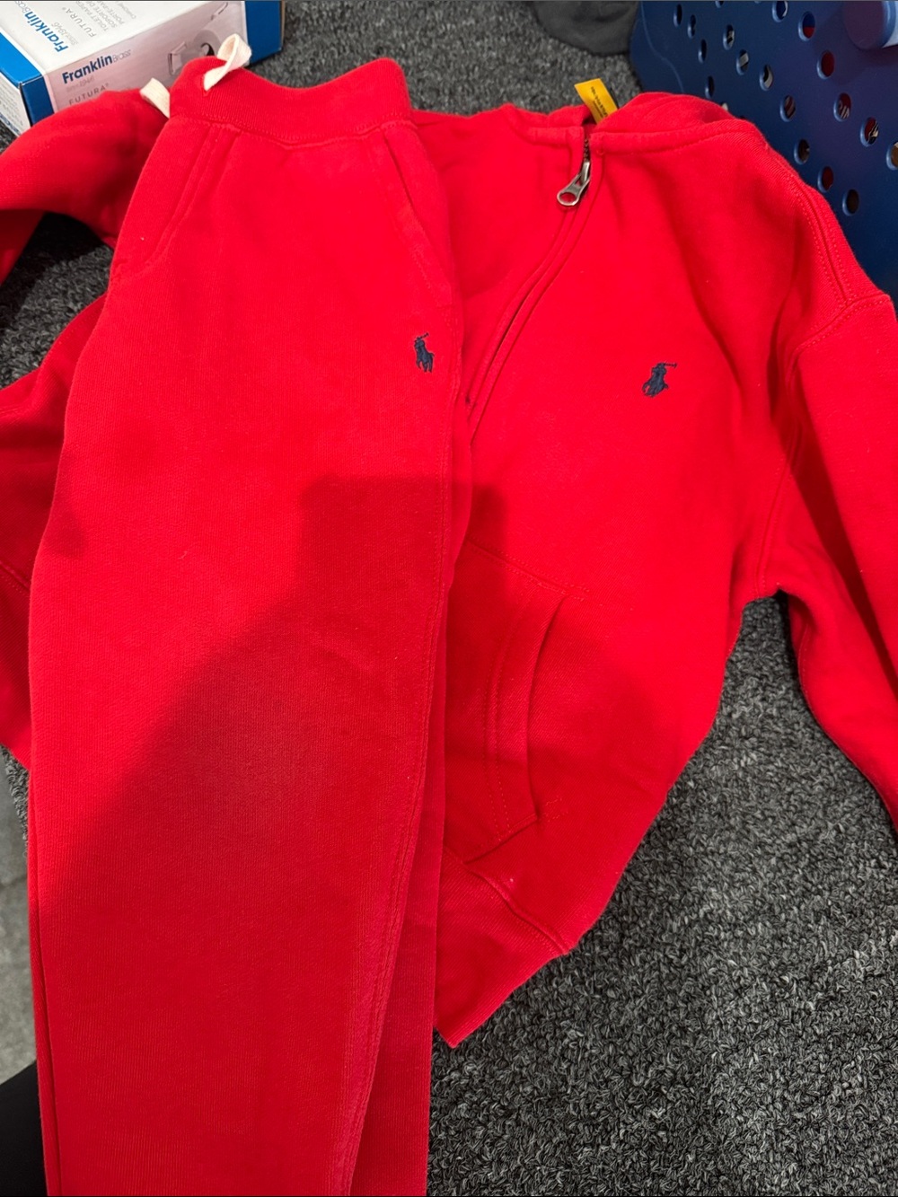 Ralph Lauren Red Zip Hoodie and Sweatpants Set with Navy Pony small stain on top